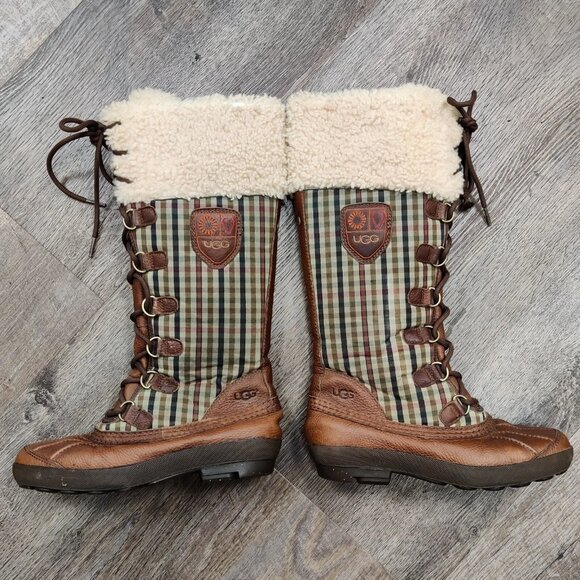 UGG Edmonton Tall Boots 3226 Green Plaid Brown Leather Sheepskin Shearling 7 - Picture 3 of 16